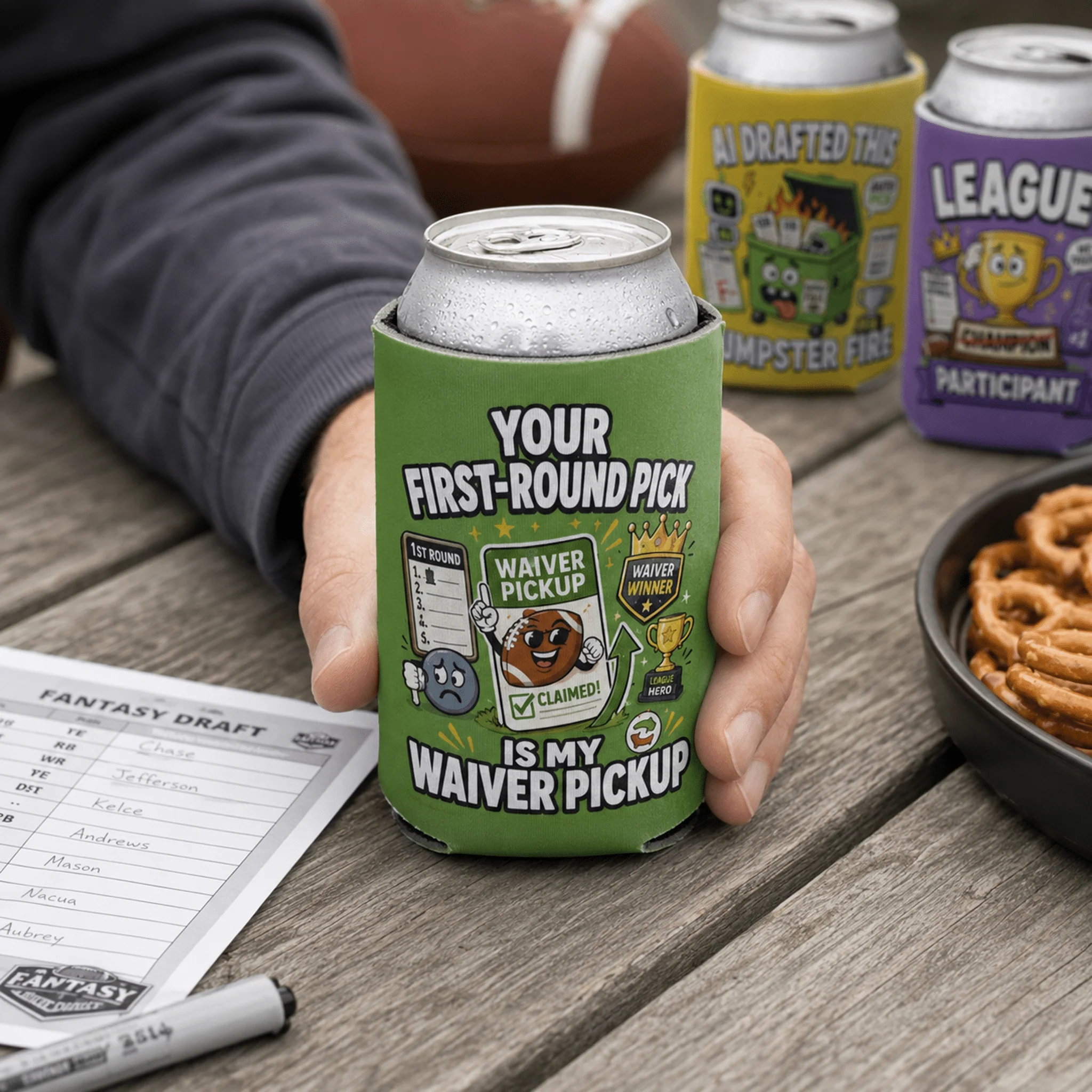 12-Pack Fantasy Football Can Coolers, Funny Football Draft Party Can Sleeves - Image 5