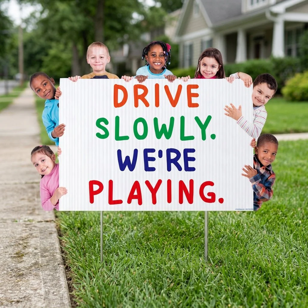 16"x23" Childcare Yard Sign, Drive Slowly We're Playing - Image 4