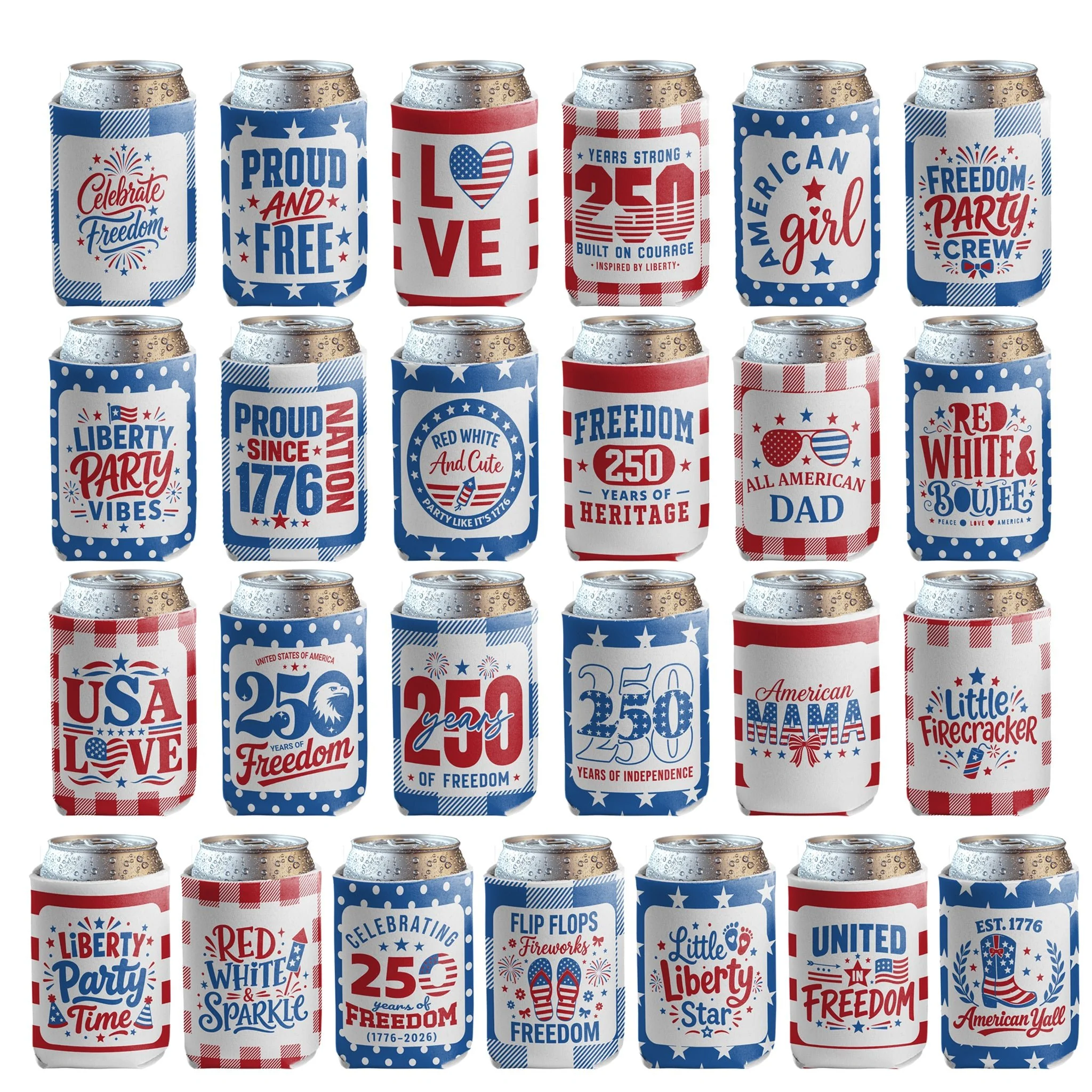 4th of July Can Coolers America's 250th Anniversary, 25 Unique Patriotic Designs, Fits 12oz Cans - Image 3