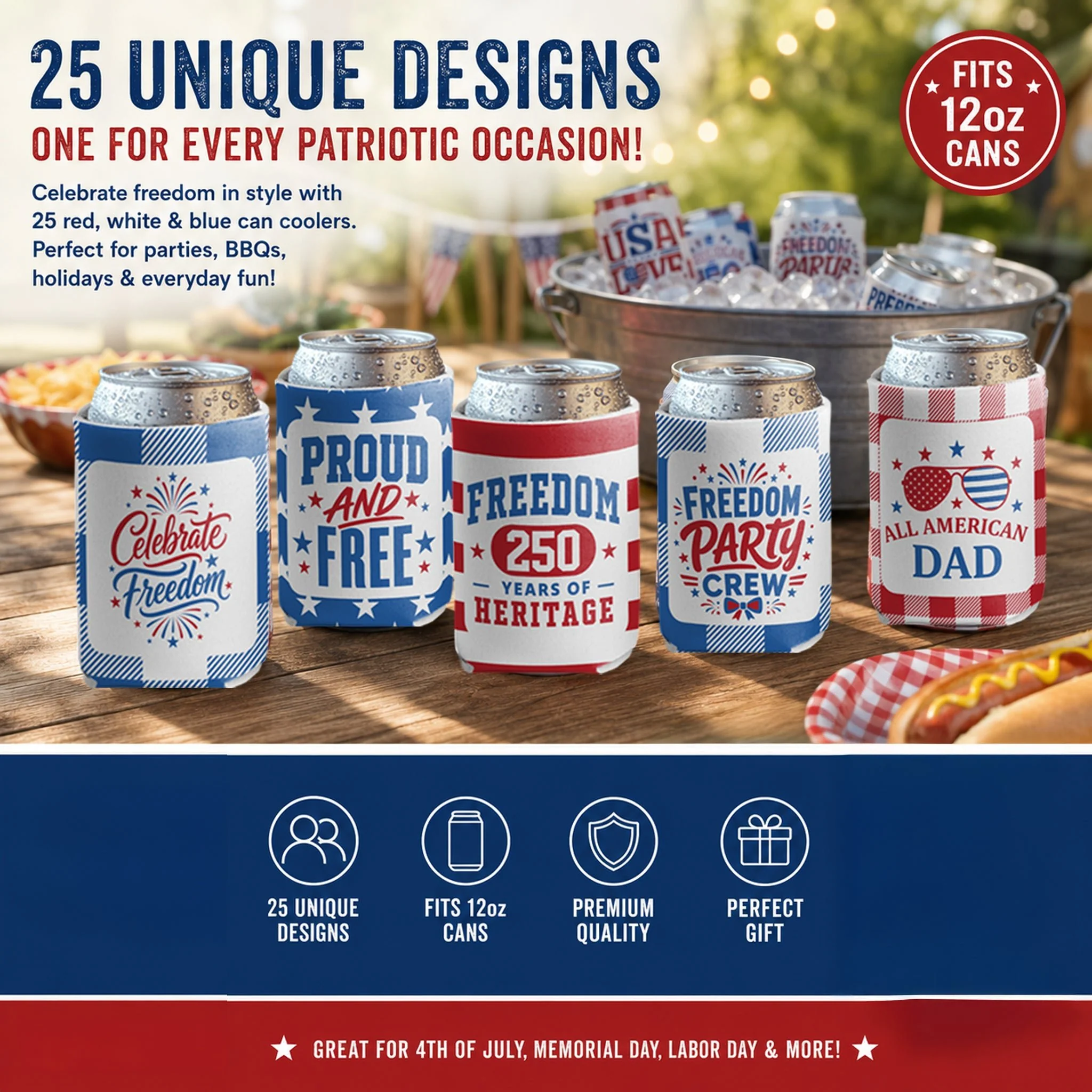 4th of July Can Coolers America's 250th Anniversary, 25 Unique Patriotic Designs, Fits 12oz Cans - Image 7