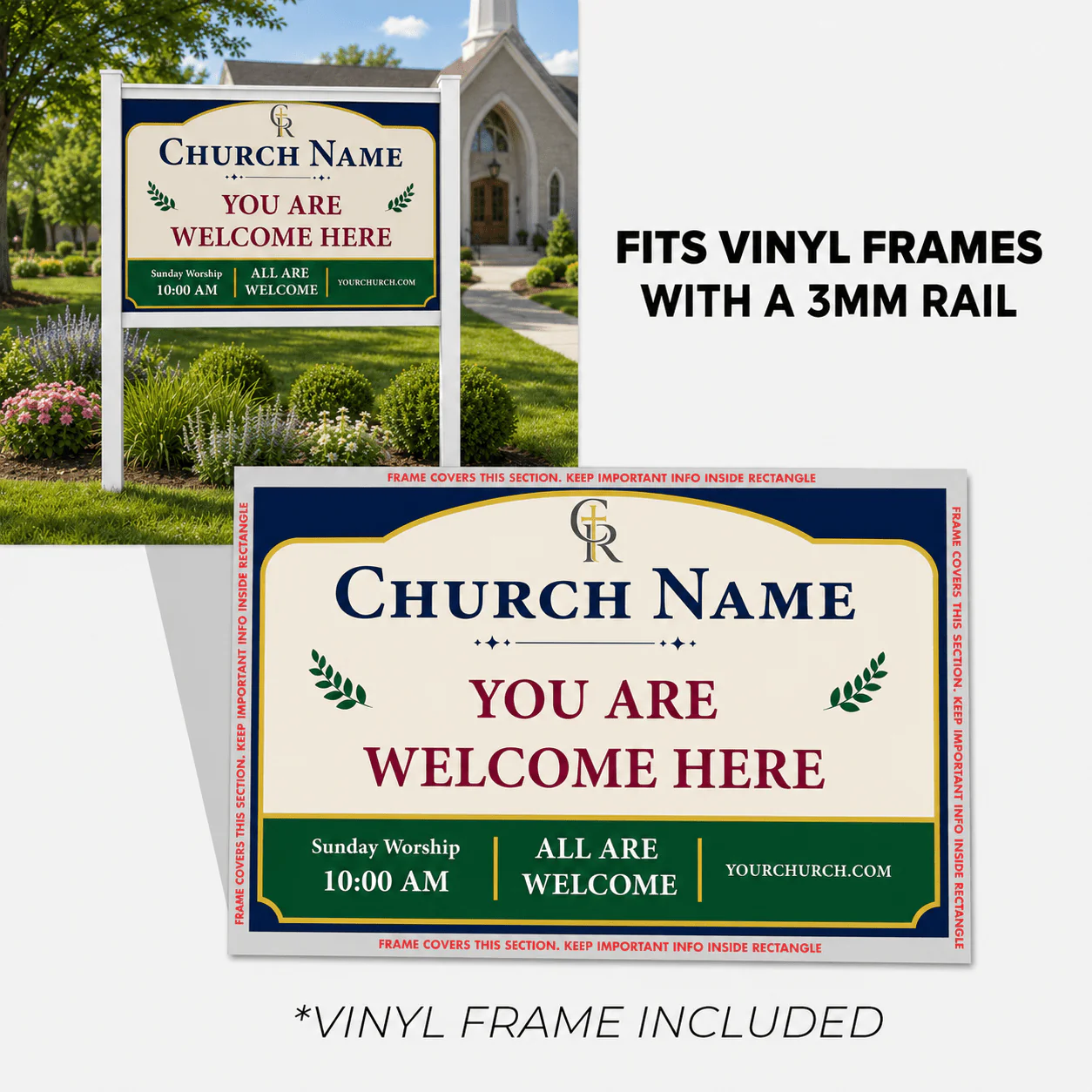 3' x 4' Custom Church Welcome Sign with Vinyl Frame Kit | Includes 3mm ACM Panel, 8' Vinyl Posts & Rails - Image 3