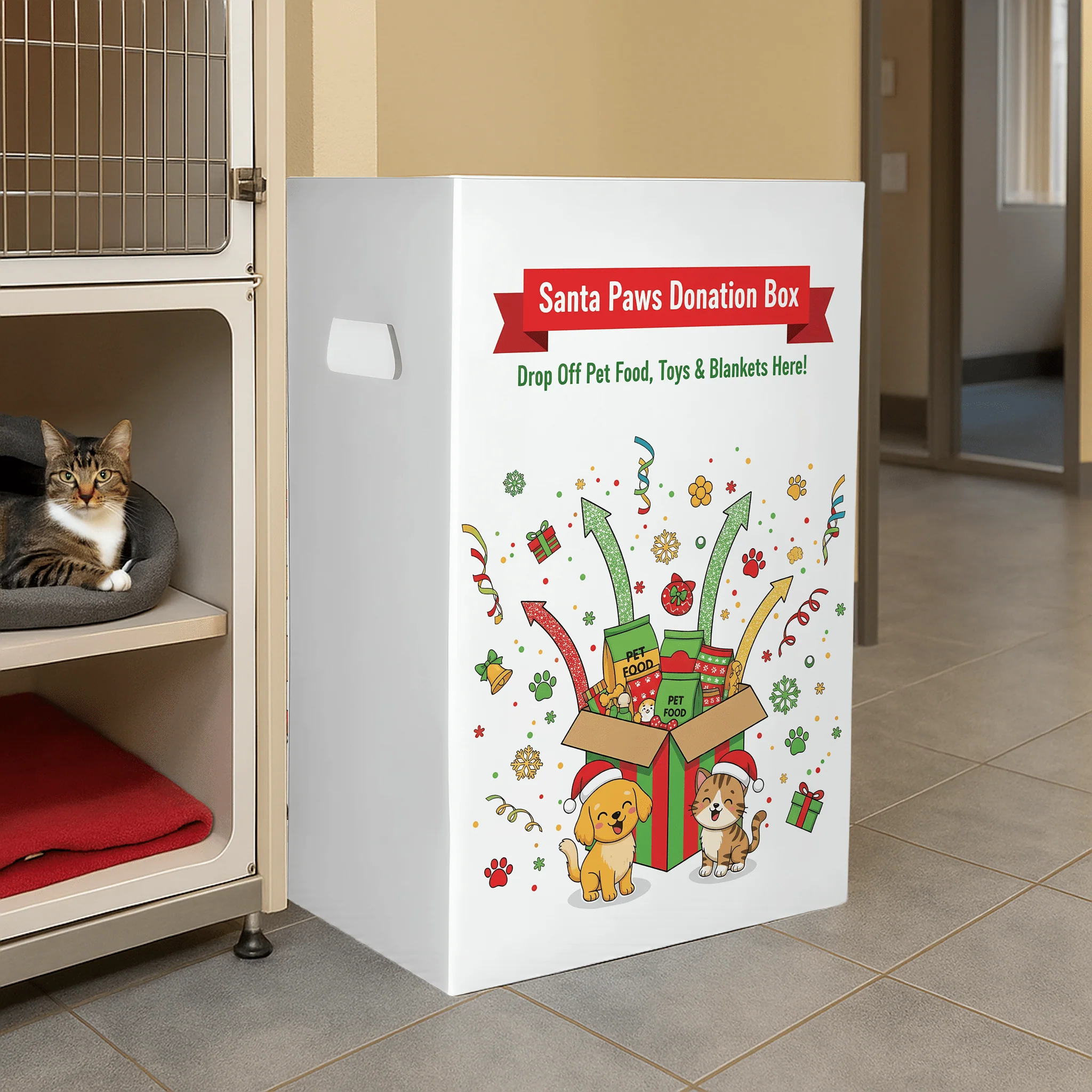 6-Pack Pet Drive Donation Bin - Santa Paws- Reusable Corrugated Plastic Trash Cans | 22.3 Gallons - Image 2