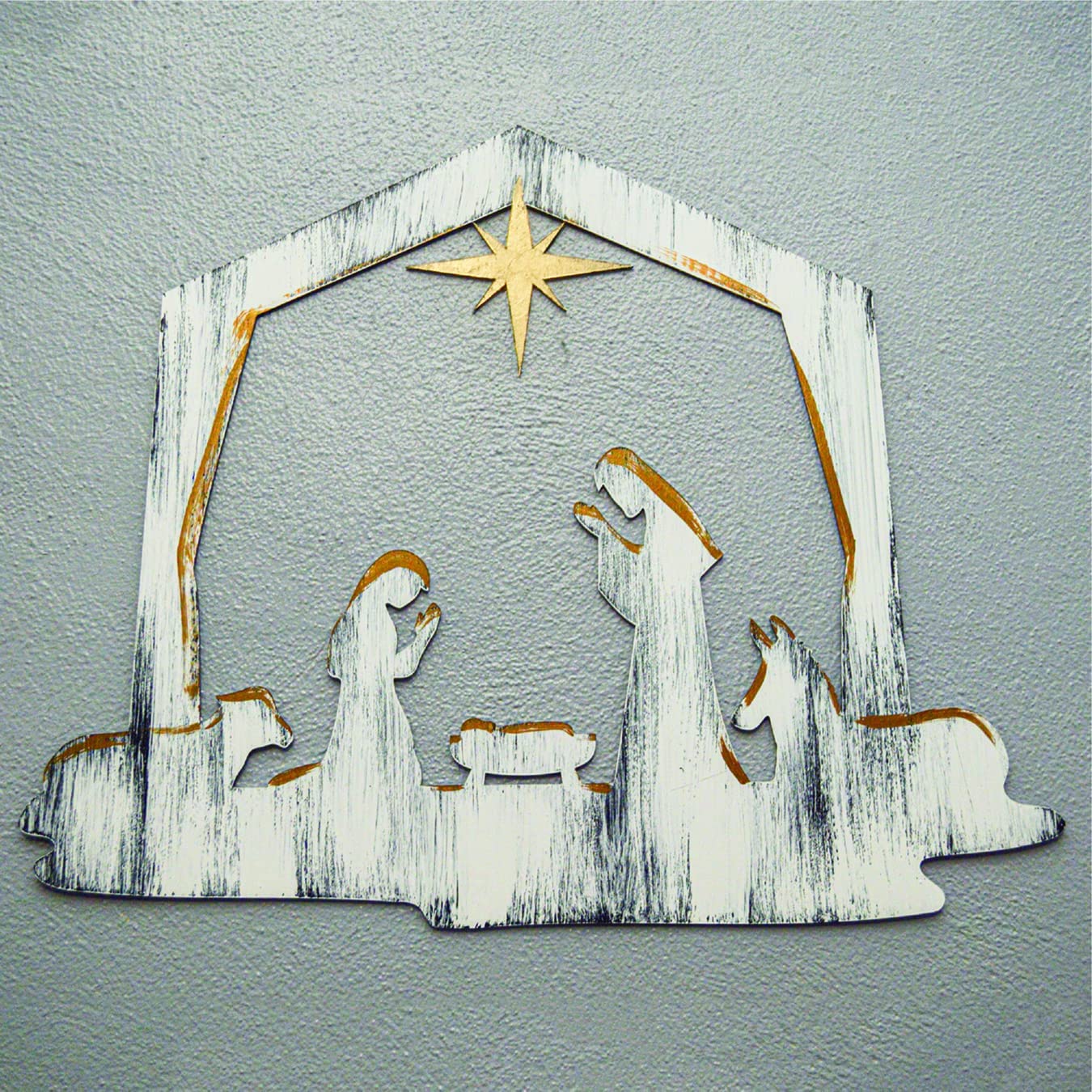 Christmas Nativity Wall Art, Handpainted 3D Wall Decor, 18x23 Inches, White with Gold Paint - Image 5