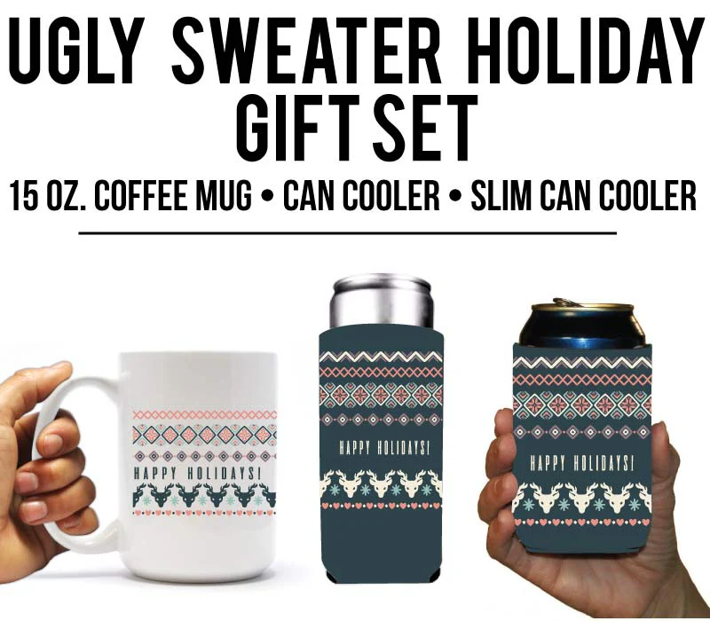 Happy Holidays Christmas Sweater Mug & Can Cooler Gift Set