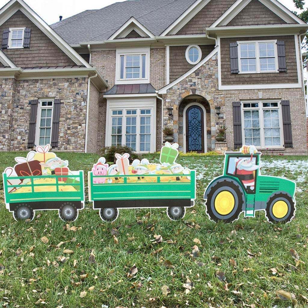 Christmas Tractor Yard Decoration - 3 pcs | 12 EZ Stakes Included