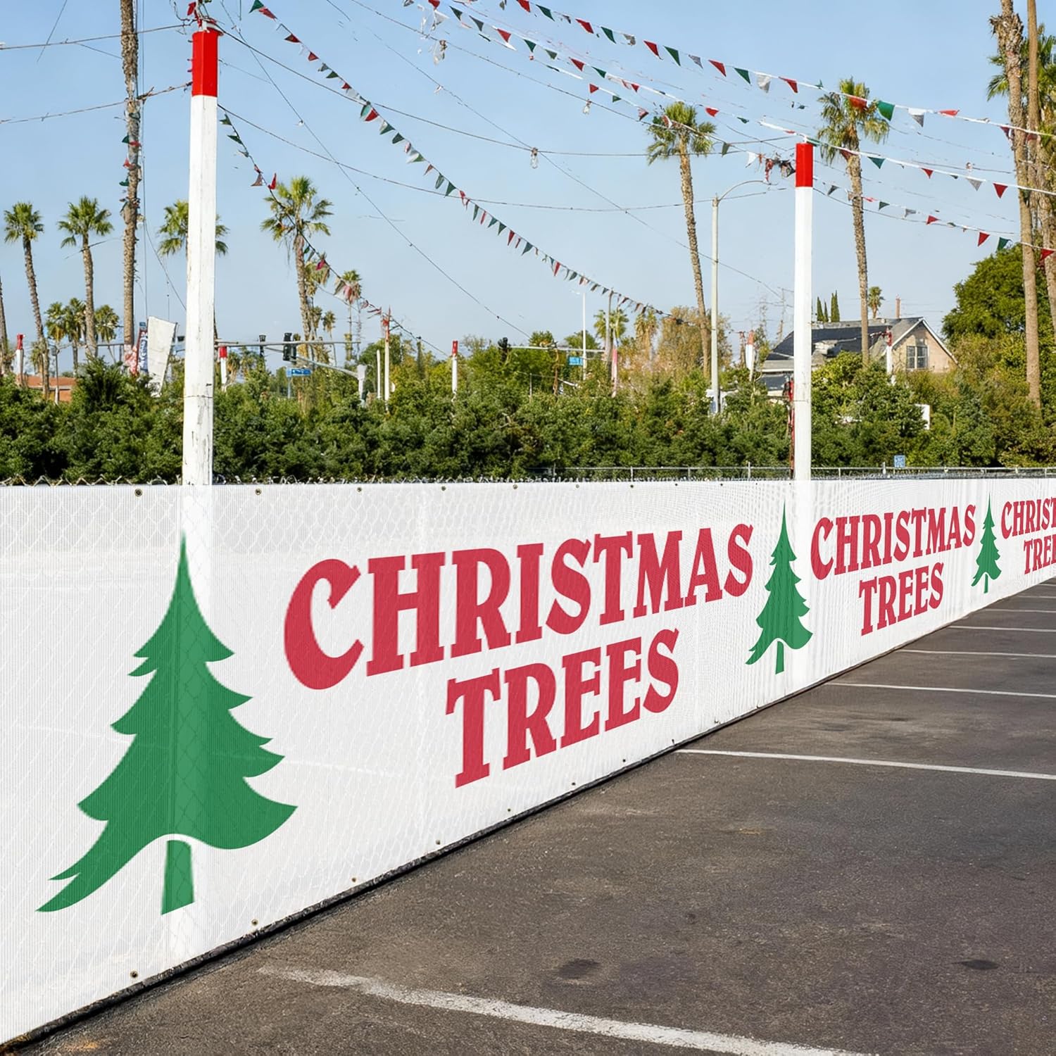 Christmas Trees Mesh Fence Banner 6-Foot Tall -  Polyester Scrim Mesh with Grommets, Outdoor Christmas Tree Lot Fence Wrap
