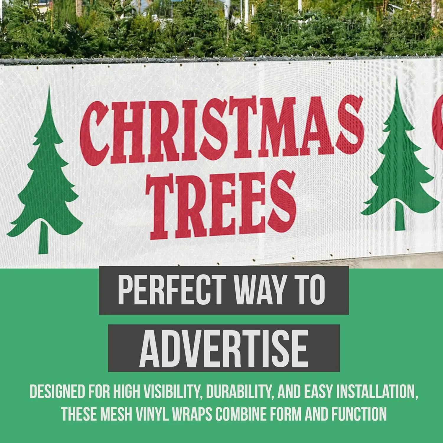 Christmas Trees Mesh Fence Banner 6-Foot Tall -  Polyester Scrim Mesh with Grommets, Outdoor Christmas Tree Lot Fence Wrap - Image 2