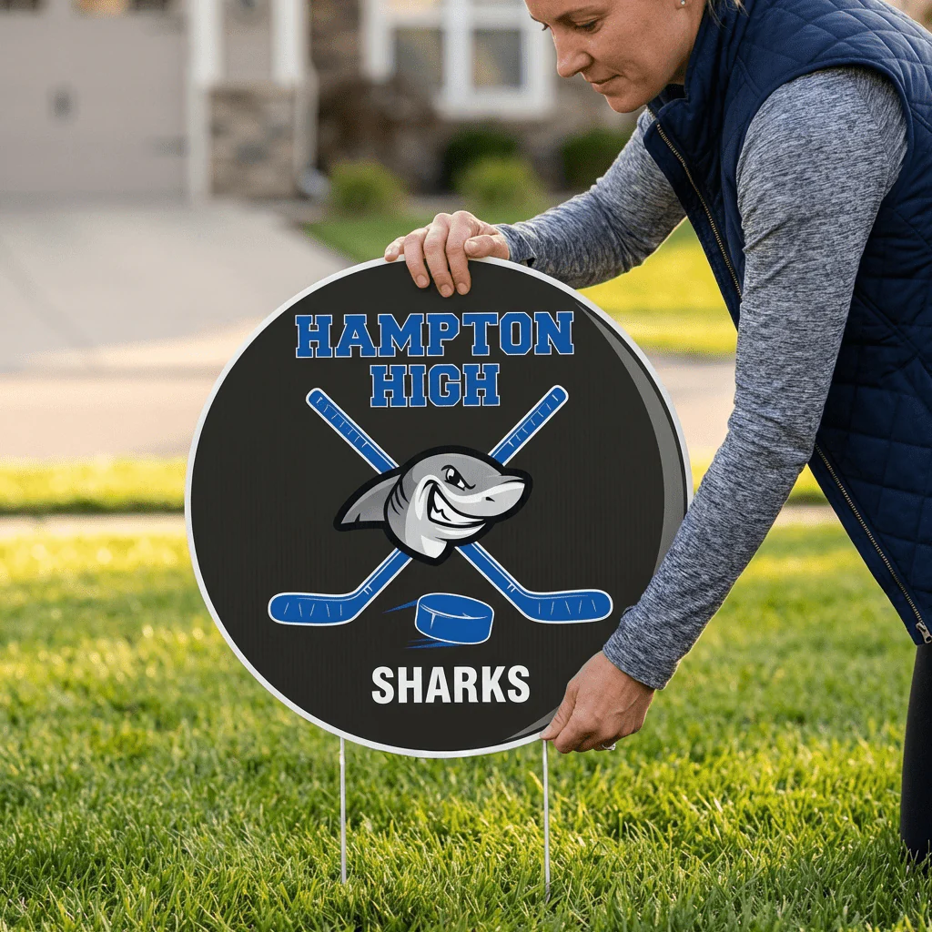 Custom 22" Hockey Puck Player Name, Number and Mascot Fence & Yard Signs - Image 2