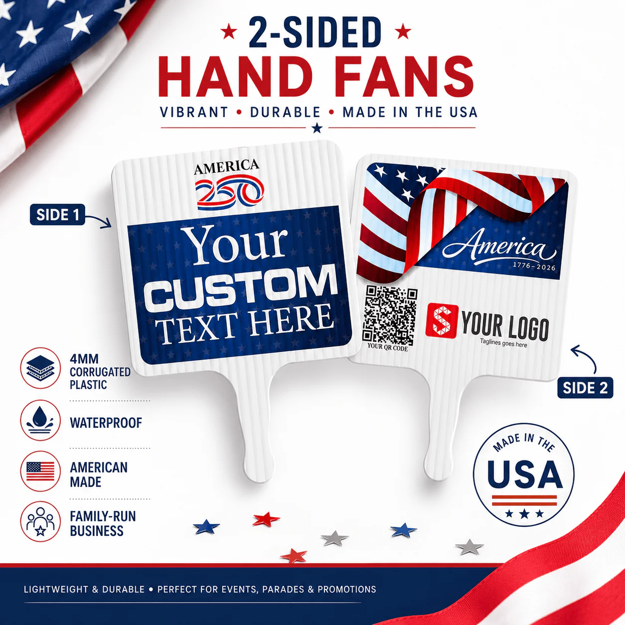 Custom America 250 Hand Fans | 2-Sided Waterproof Parade Fans - Image 3