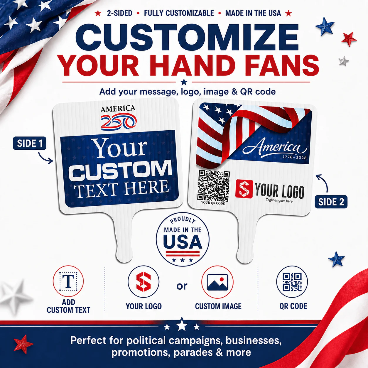 Custom America 250 Hand Fans | 2-Sided Waterproof Parade Fans - Image 5