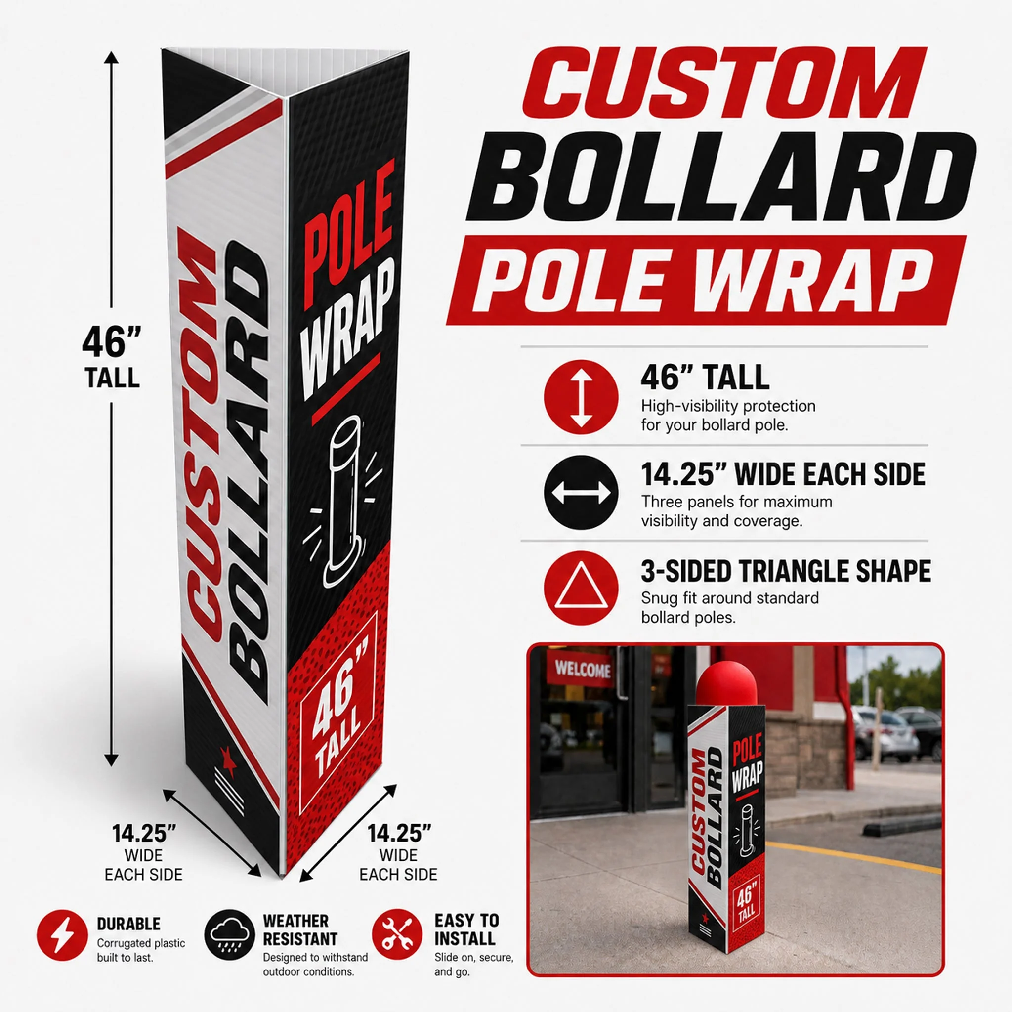 Custom Bollard Pole Wrap – 46" Tall 3-Sided Corrugated Plastic Bollard Cover - Image 2