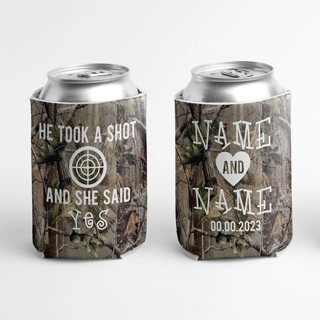 Custom Camo He Took A Shot Wedding Can Cooler - Image 2