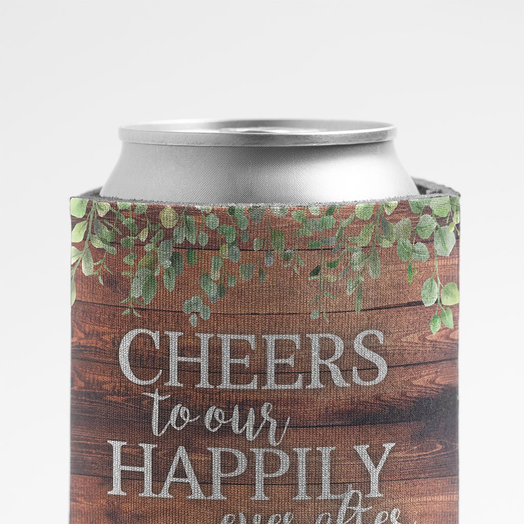 Custom Cheers to Our Happily Ever After Wedding Rustic Can Cooler - Image 3