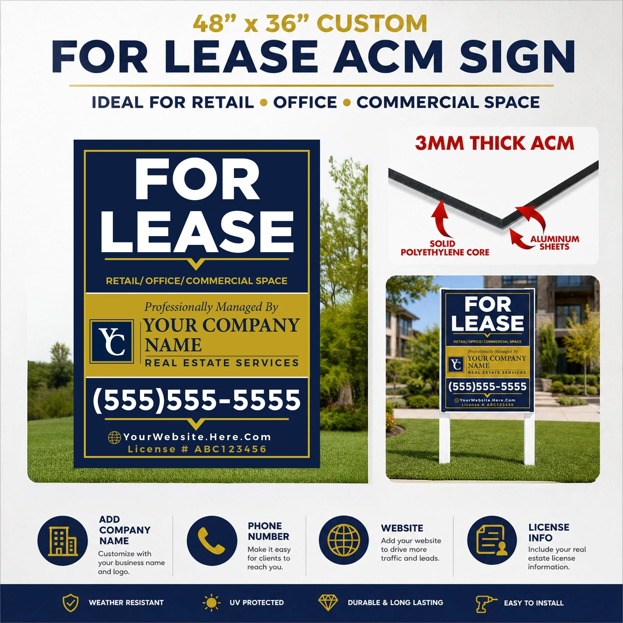 Custom For Lease Sign – 48x36 Aluminum Composite Commercial Real Estate Sign | Outdoor ACM Property Leasing Sign - Image 2