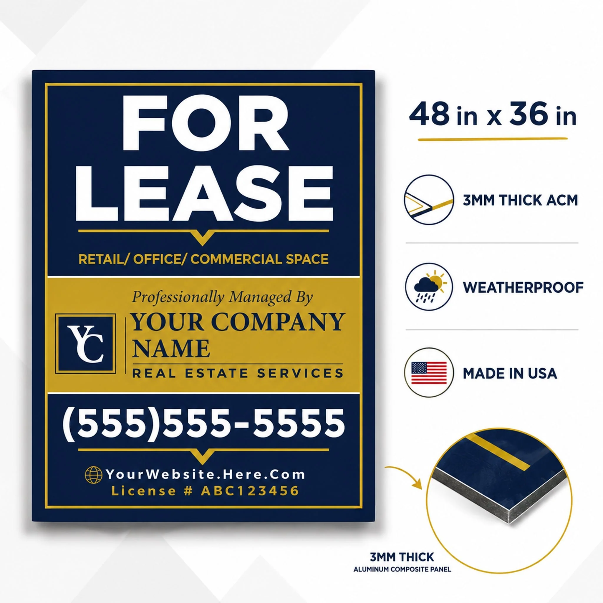 Custom For Lease Sign – 48x36 Aluminum Composite Commercial Real Estate Sign | Outdoor ACM Property Leasing Sign - Image 3