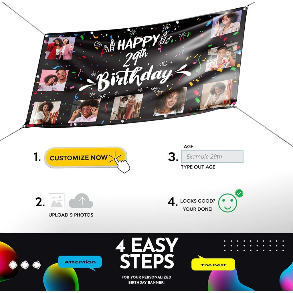 Custom 9 Photo Happy Birthday Banner | 5 Ft - Image 5