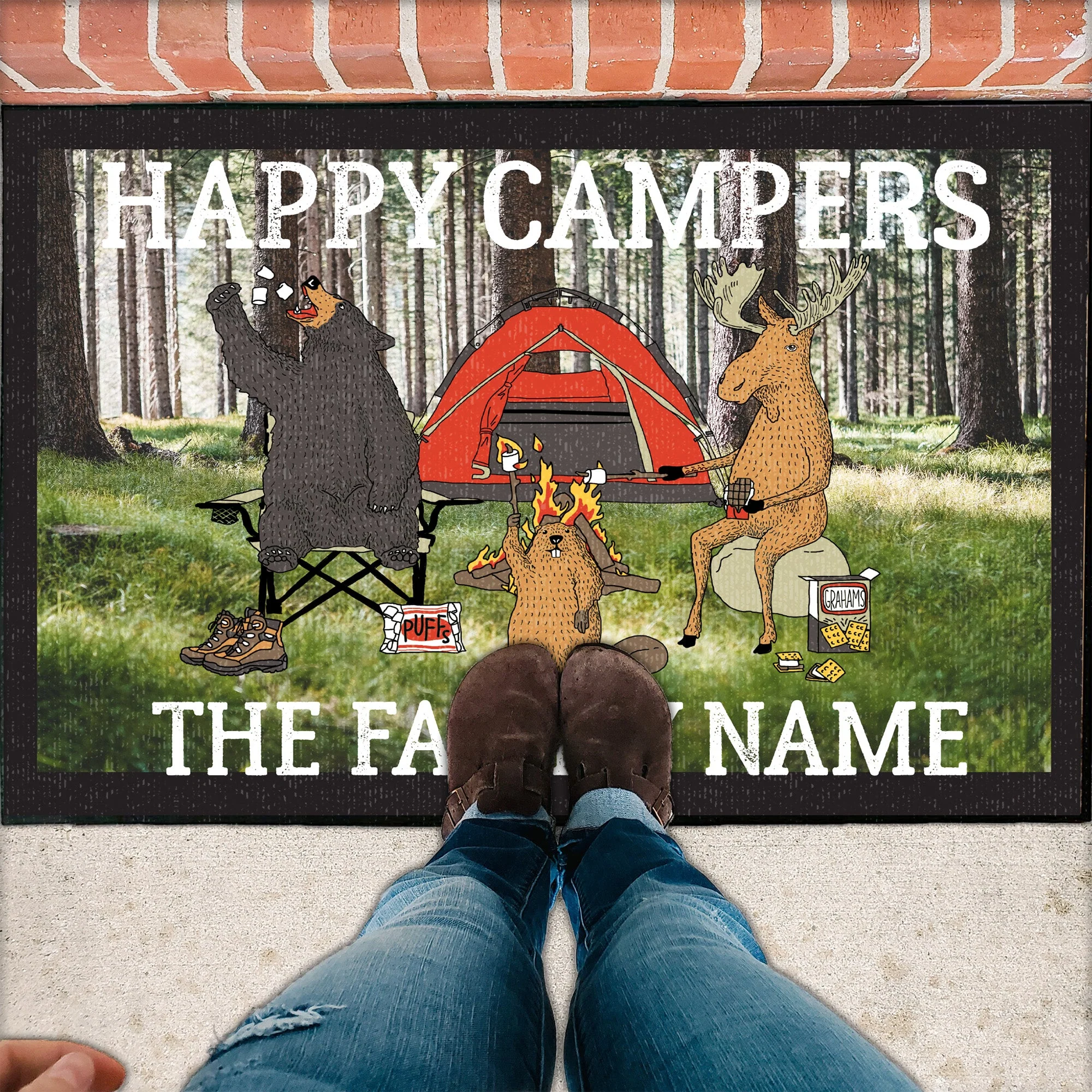 Personalized Happy Campers Doormat - Fun Forest Animals - Image 2