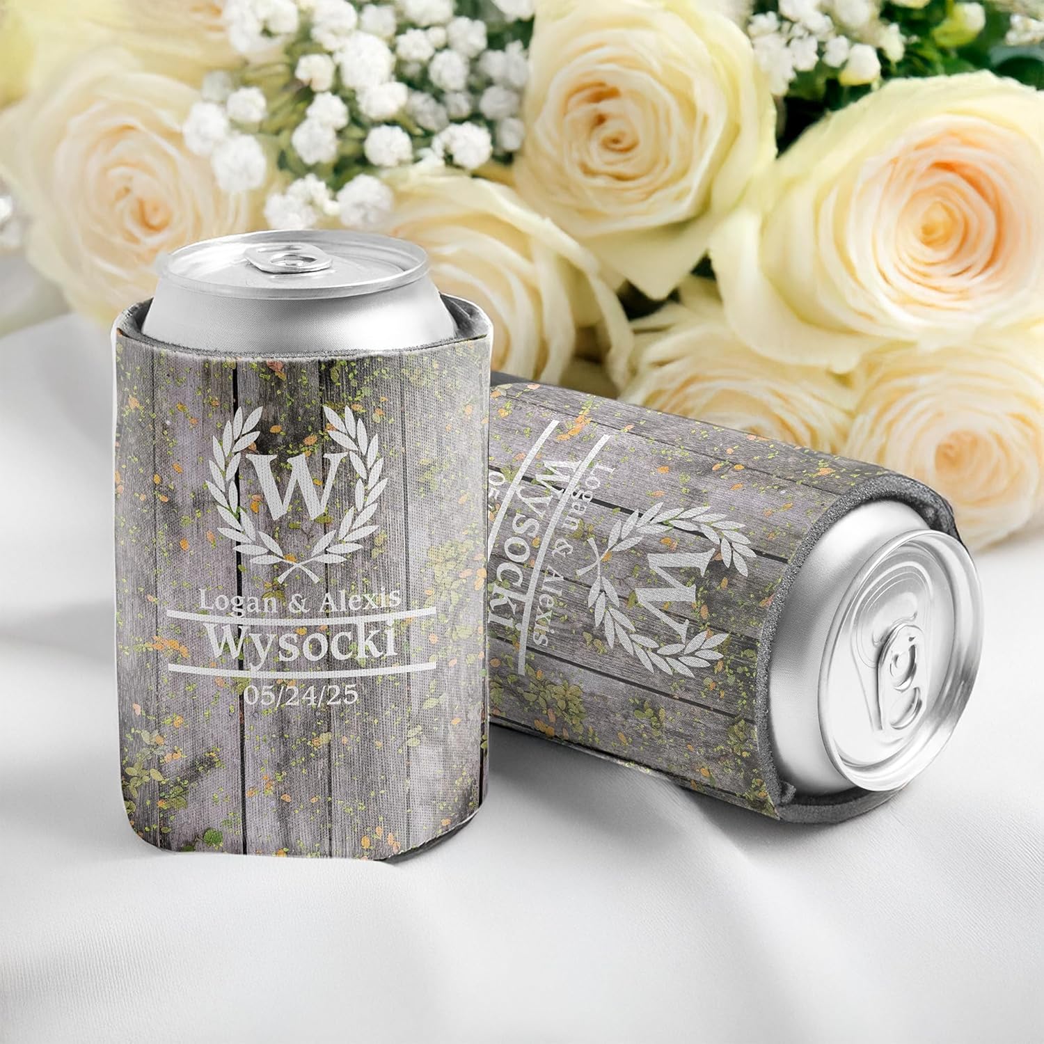 Personalized Laurel And Initial Wedding Can Coolers - Image 13
