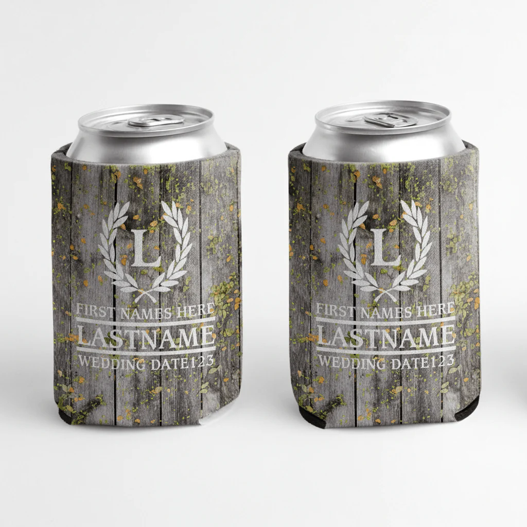 Personalized Laurel And Initial Wedding Can Coolers - Image 14