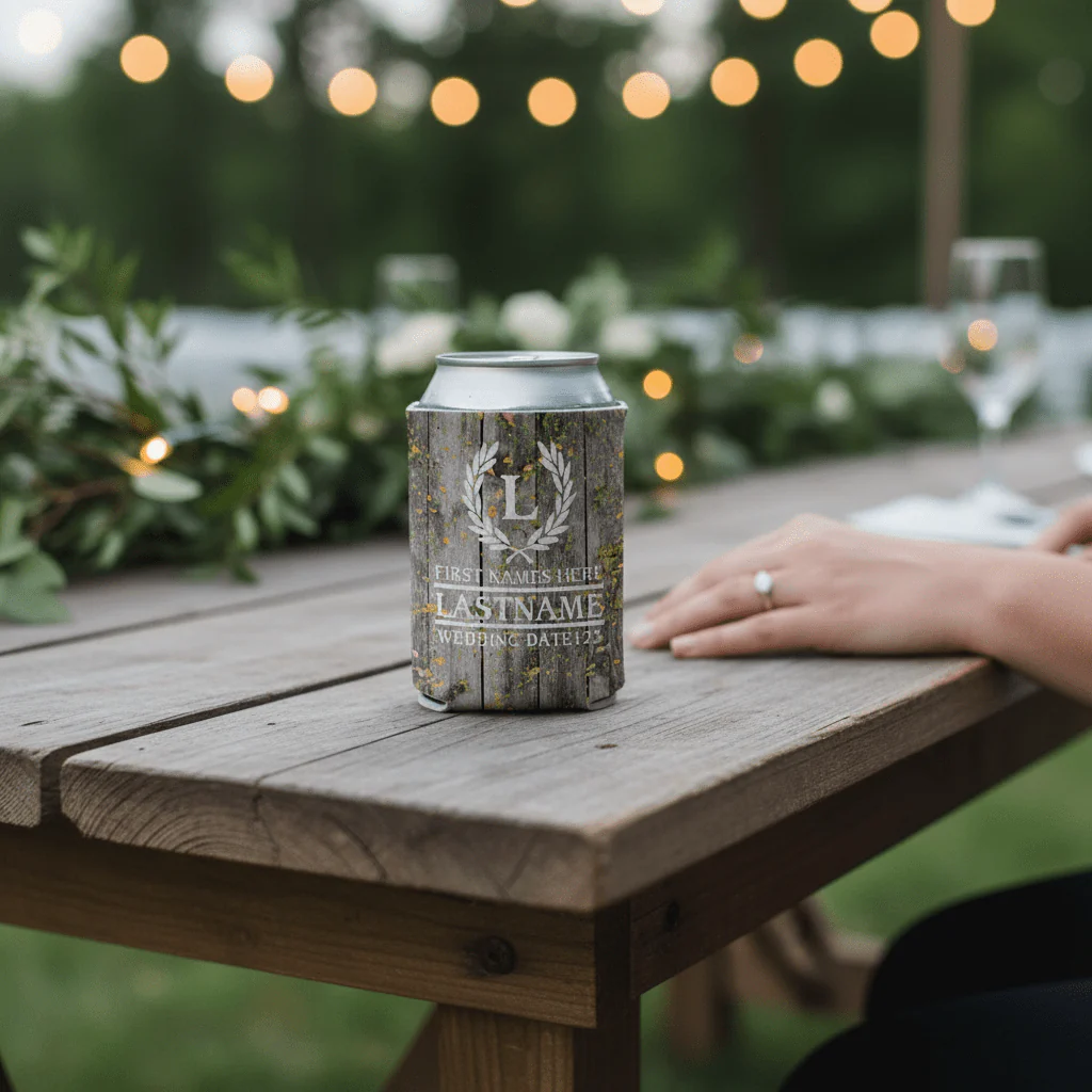 Personalized Laurel And Initial Wedding Can Coolers - Image 2