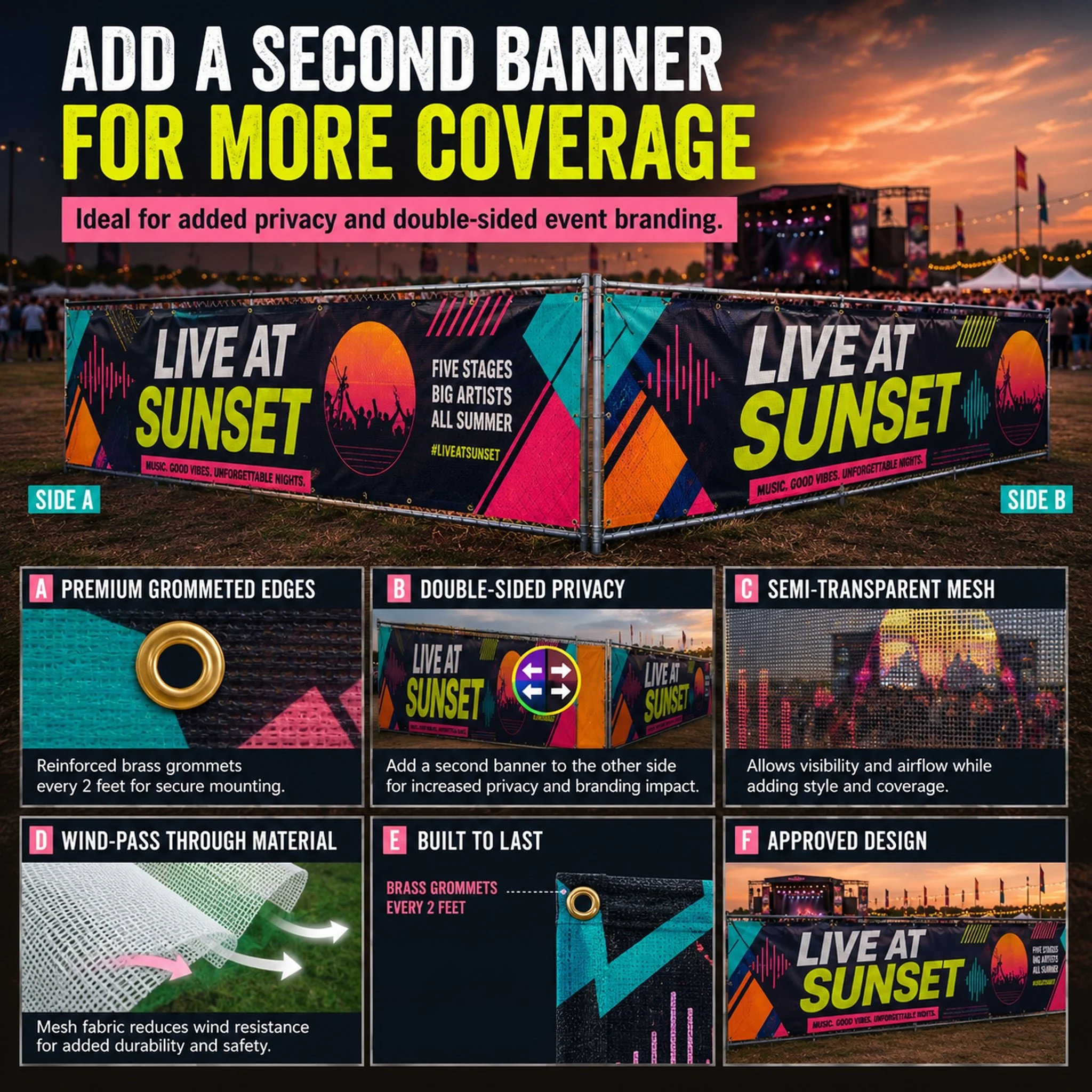 Custom Mesh Fence Banner for Concerts, Festivals & Events – Personalized Outdoor Wind-Permeable Fence Wrap - Image 5