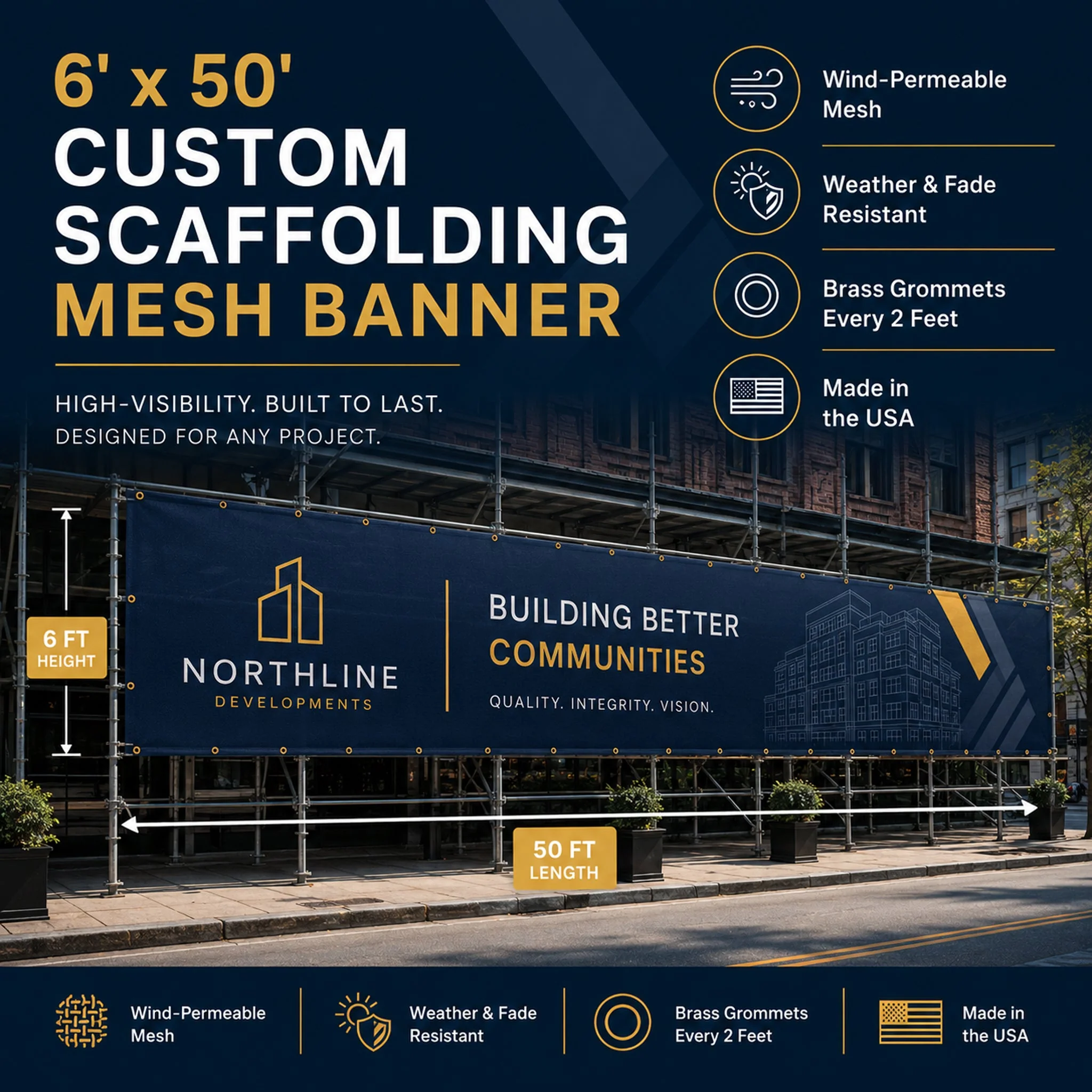 Custom Scaffolding Mesh Banner 6'x50' Outdoor Construction Fence Wrap for Buildings, Renovations & Job Sites - Image 2