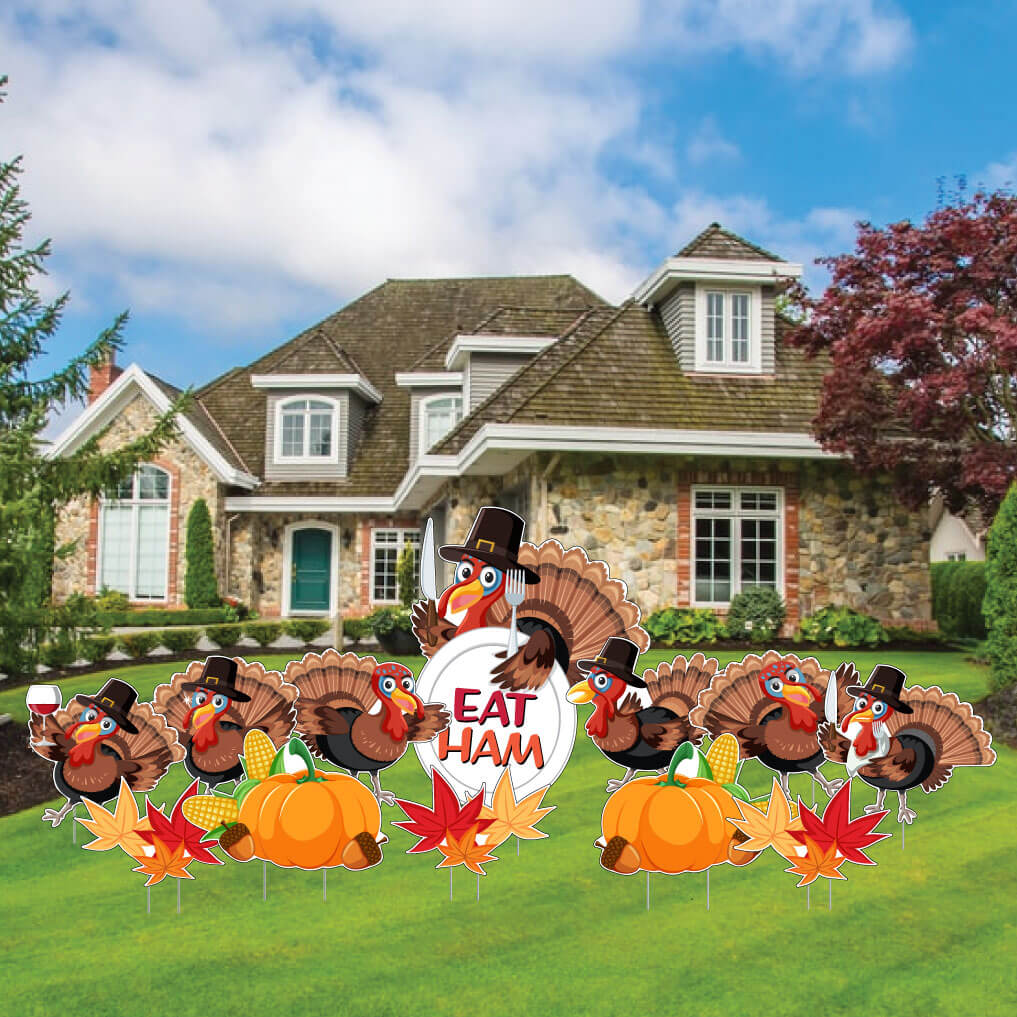 EAT HAM Thanksgiving Turkeys Themed Yard Card Set of 12