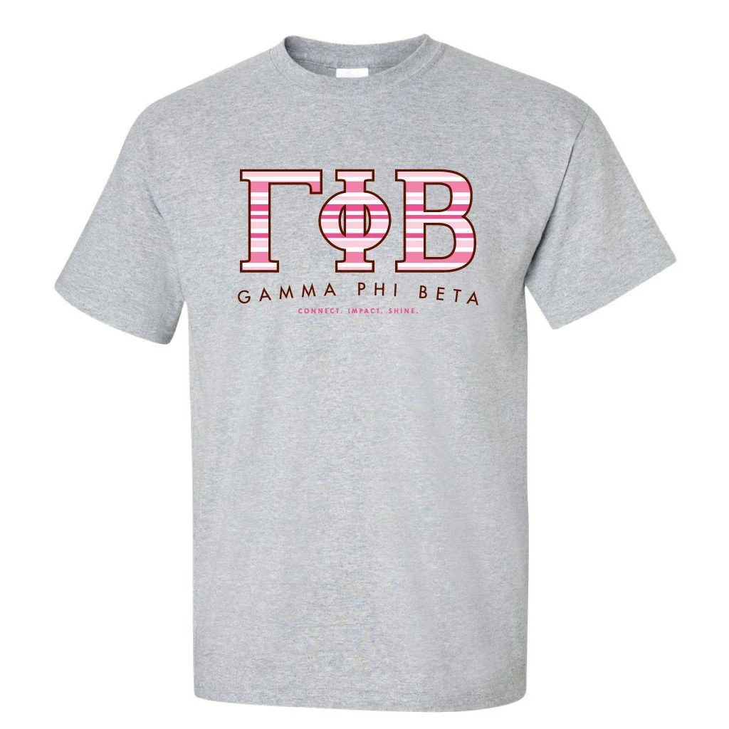 Gamma Phi Beta Greek Letters with Pink Stripes T-shirt - Image 2