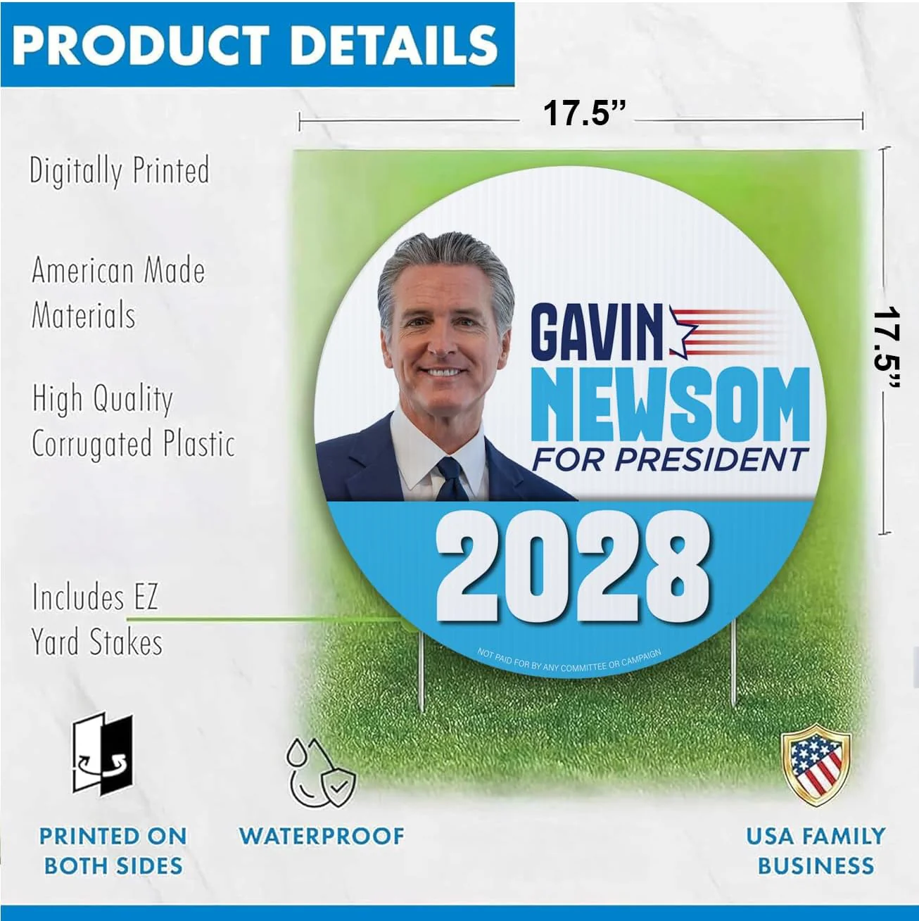 Gavin Newsom 2028 Yard Signs | 10-Pack| Two-Sided | Gavin Newsom for President Signs 20 EZ Stakes Included - Image 2