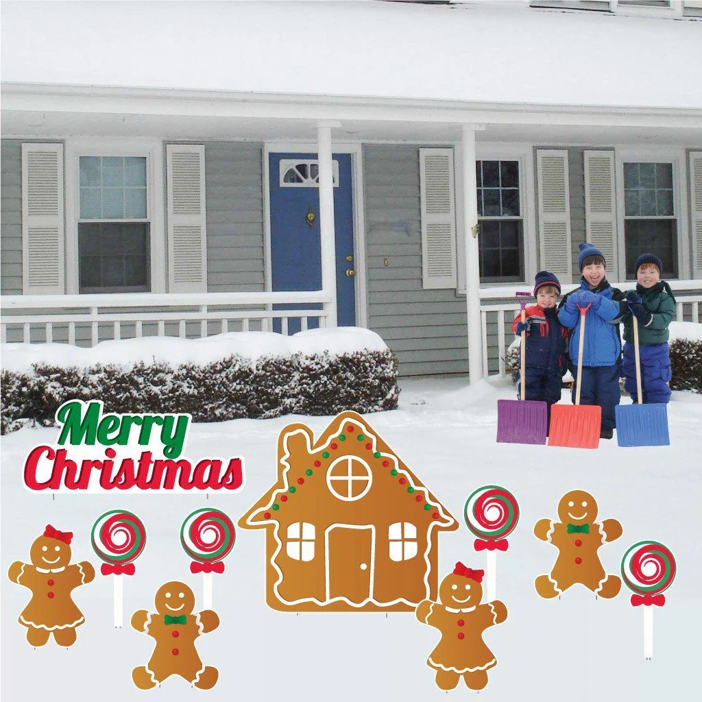 Gingerbread House Christmas Yard Card - 7 Pc Set | Short Stakes Included