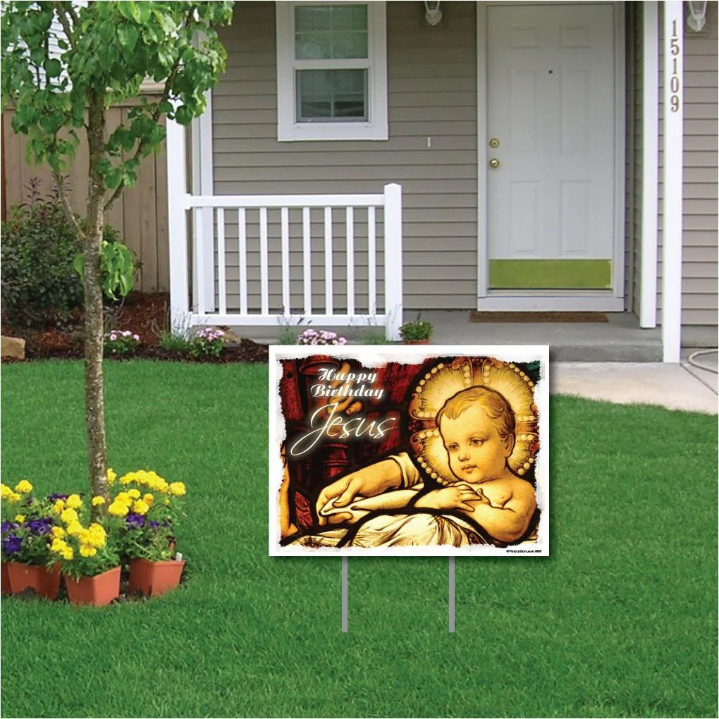 Stained Glass Window Happy Birthday Jesus Christmas Yard Sign | Pair of EZ Stakes Included