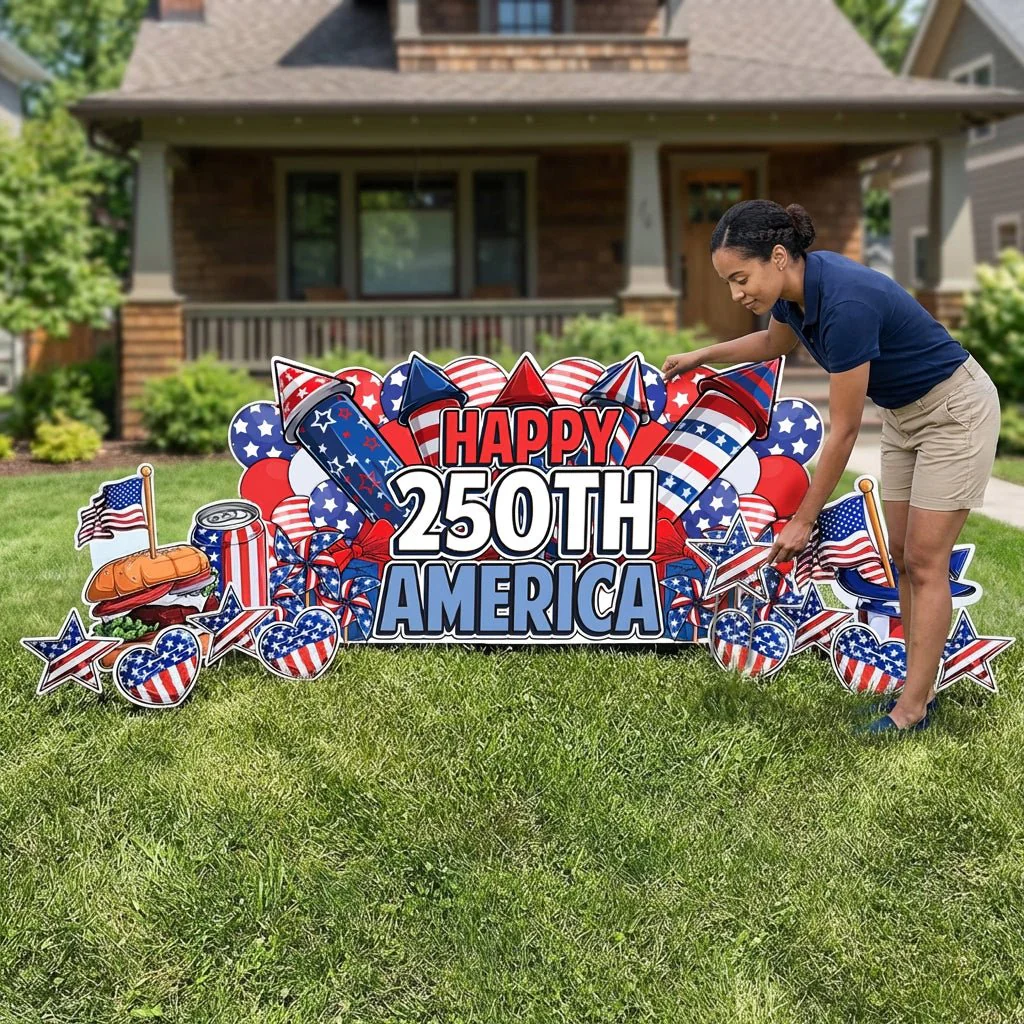 Jumbo Happy 250th America Yard Sign Display: 11pc Patriotic 4th of July Lawn Decor | Oversized EZ Yard Cards - Image 2