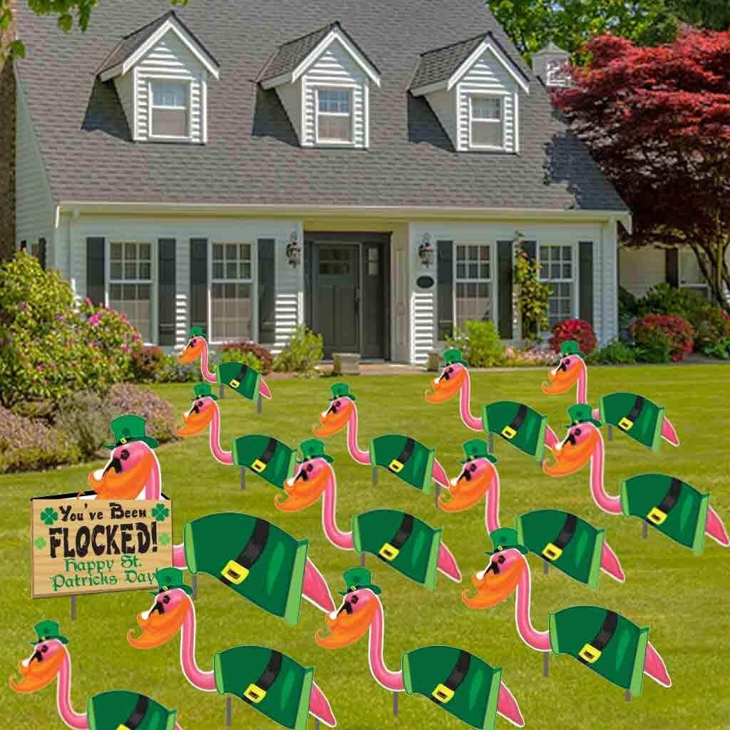 Leprechaun Flocking Flamingos Yard Sign Decoration 13 piece set