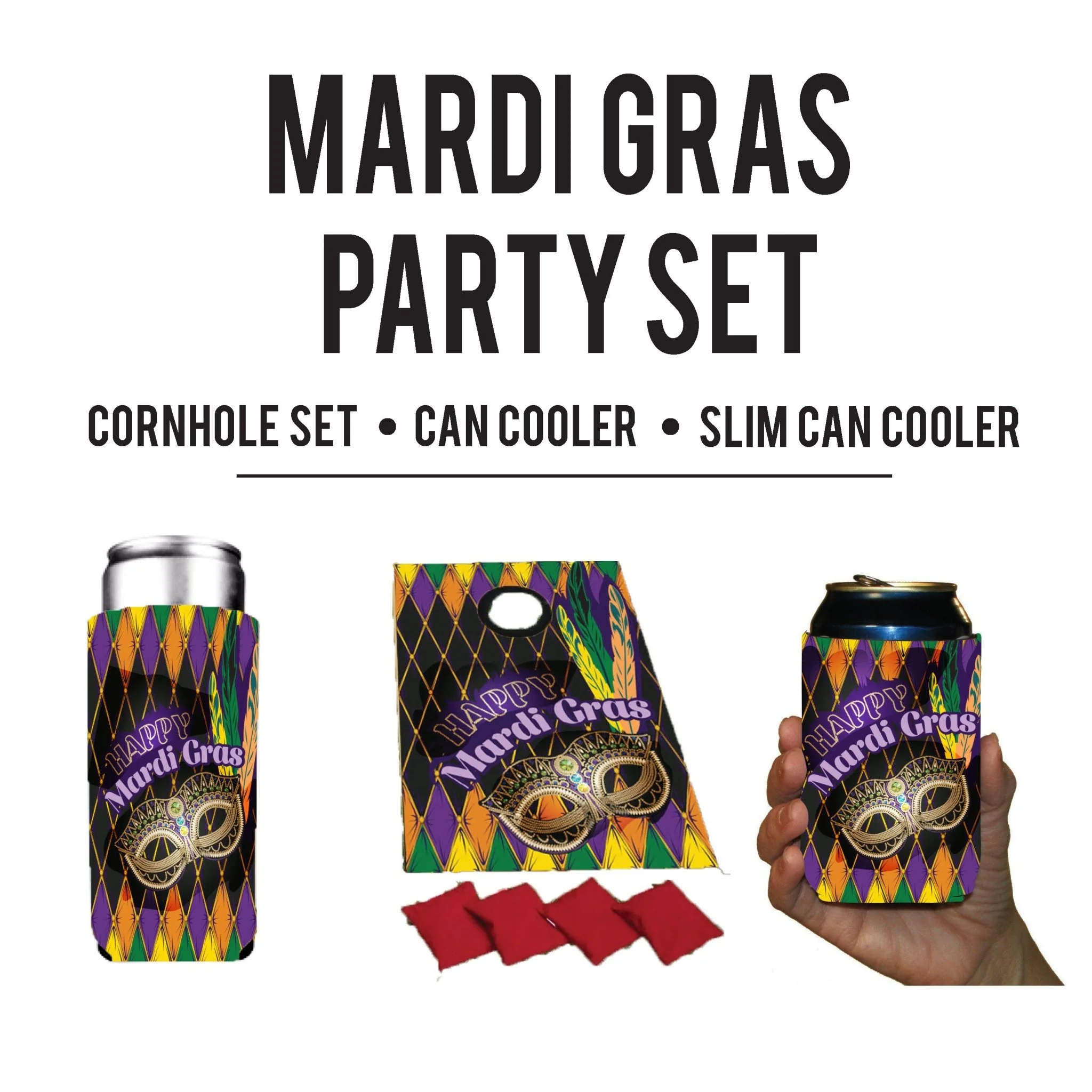 Mardi Gras Can Coolers & Cornhole Set