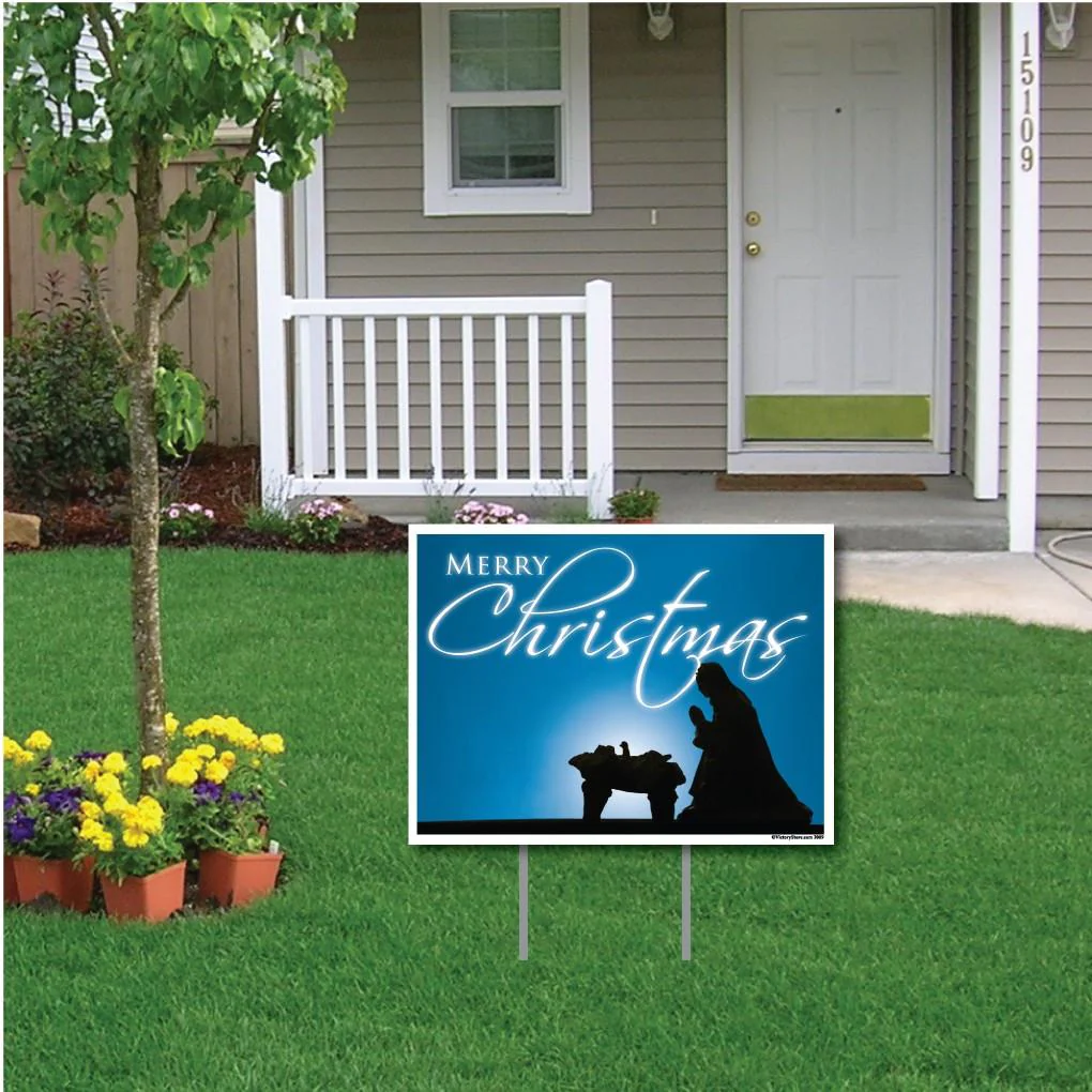 Merry Christmas Jesus in Manger Yard Sign | Pair of EZ Stakes Included