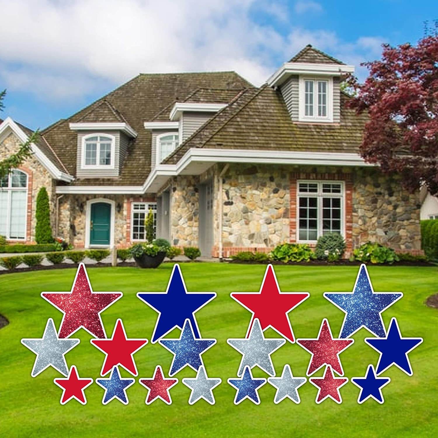 Patriotic Stars Yard Cards with Rounded Corners, 18pcs, Includes Stakes