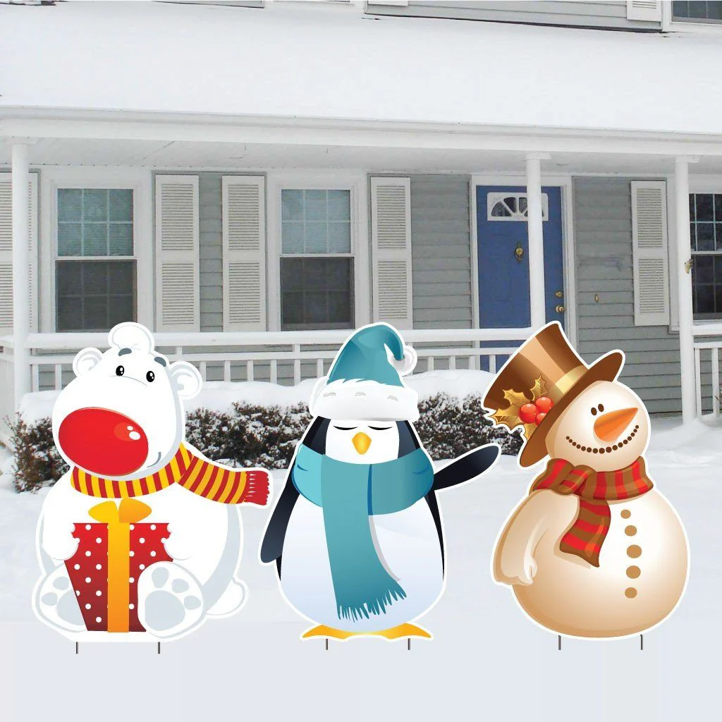 Polar Bear, Penguin and Snowman Christmas Lawn Decorations | 6 Short Stakes Included