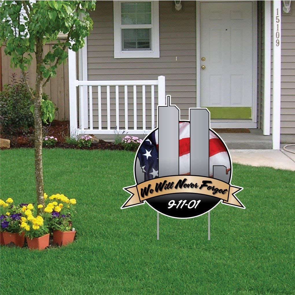 September 11th Yard Sign, We Will Never Forget Sign with 2 EZ Stakes