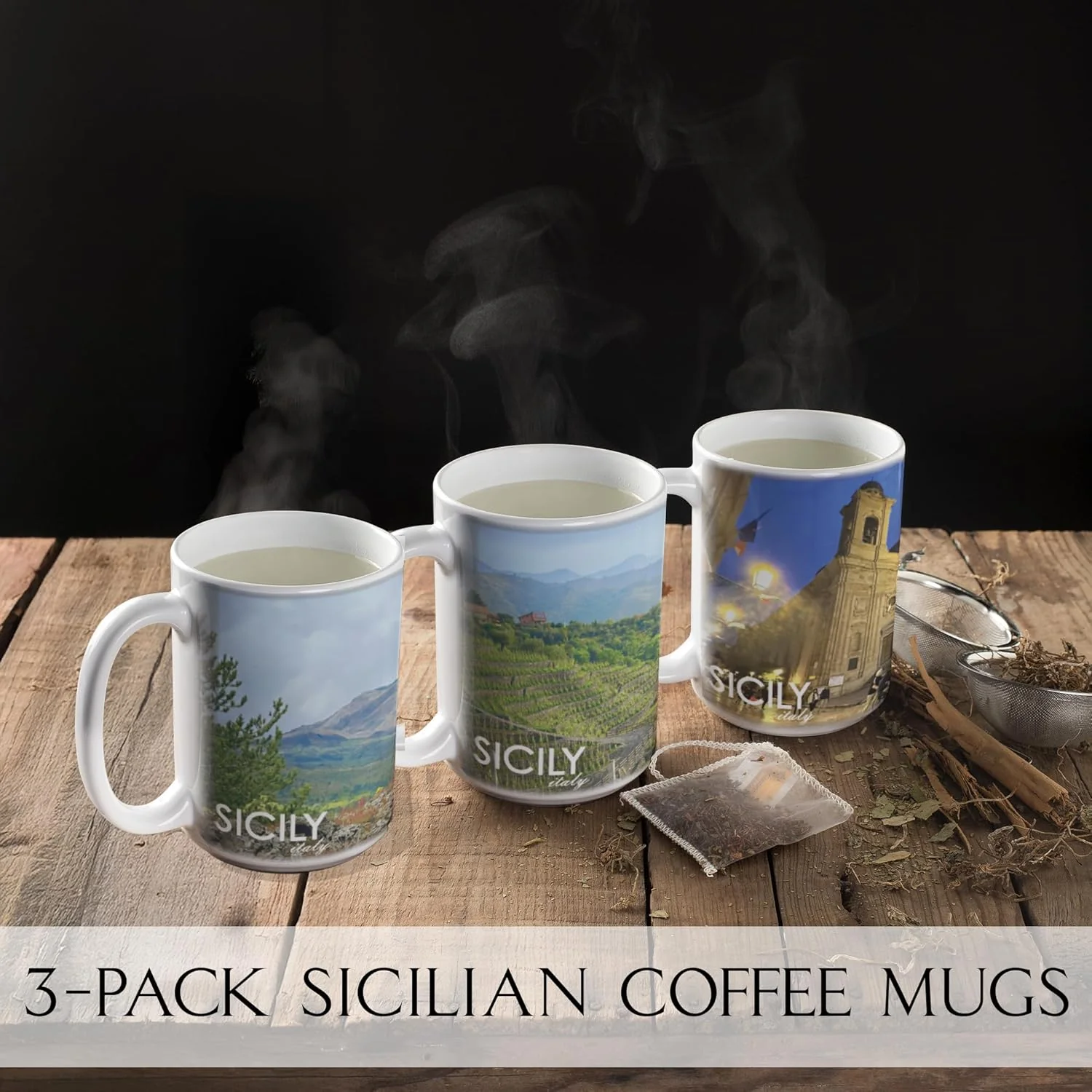 Sicilian Coffee Mug Set – 3-Pack 15oz Ceramic Mugs Featuring Sicily-Themed Designs - Image 2