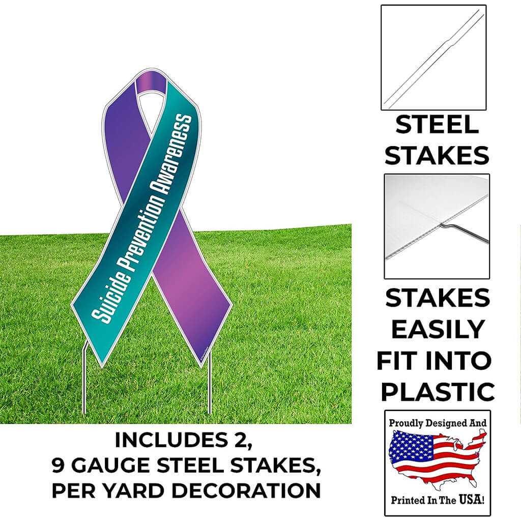 Suicide Prevention Awareness Ribbon Yard Sign, Teal and Purple with Stakes - Image 2