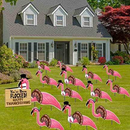 Thanksgiving Yard Greeting 'You've Been Flocked' Flamingos 13 piece set