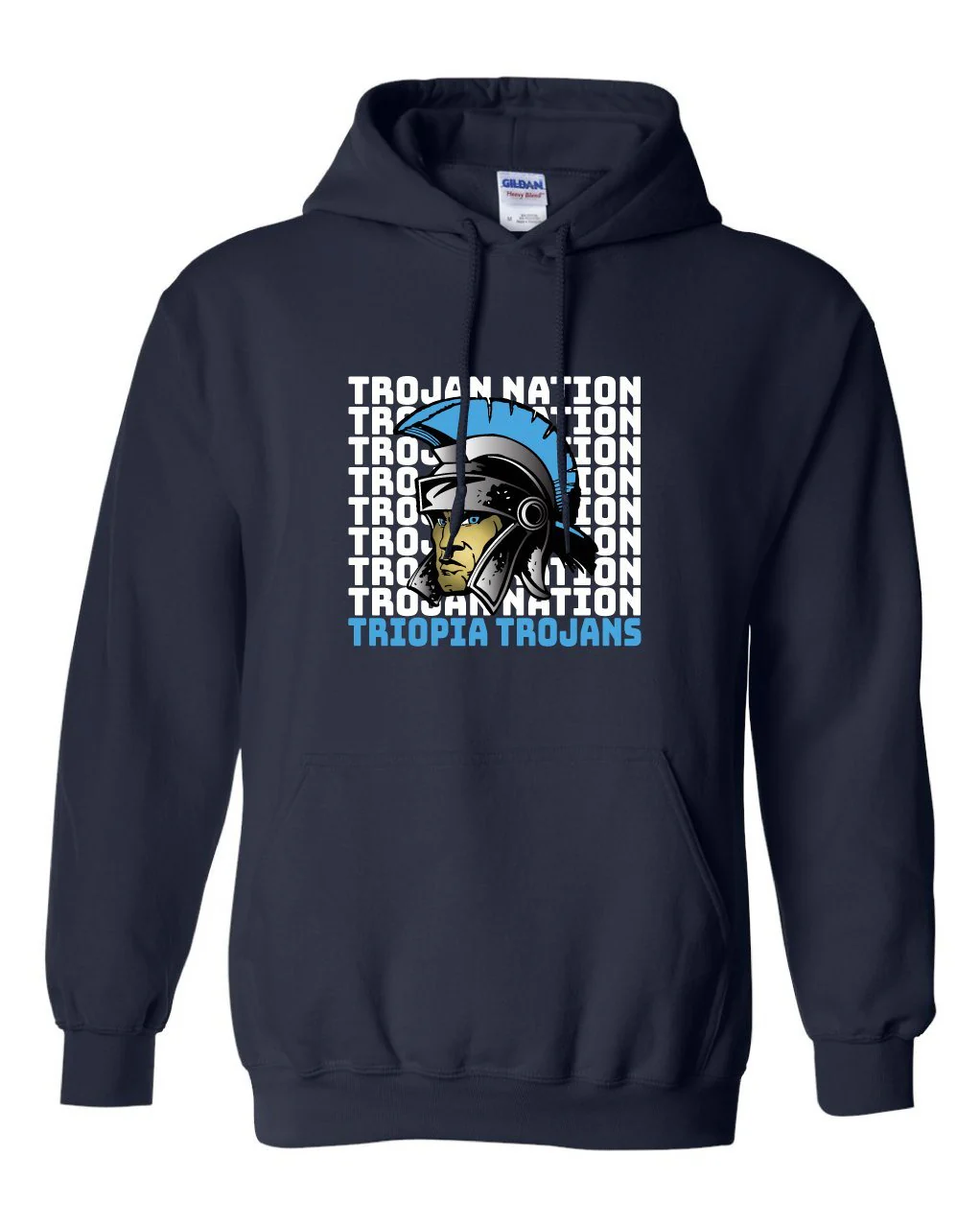 Triopia Trojans - Trojan Nation With Trojan Mascot Hooded Sweatshirt (50/50 Navy)